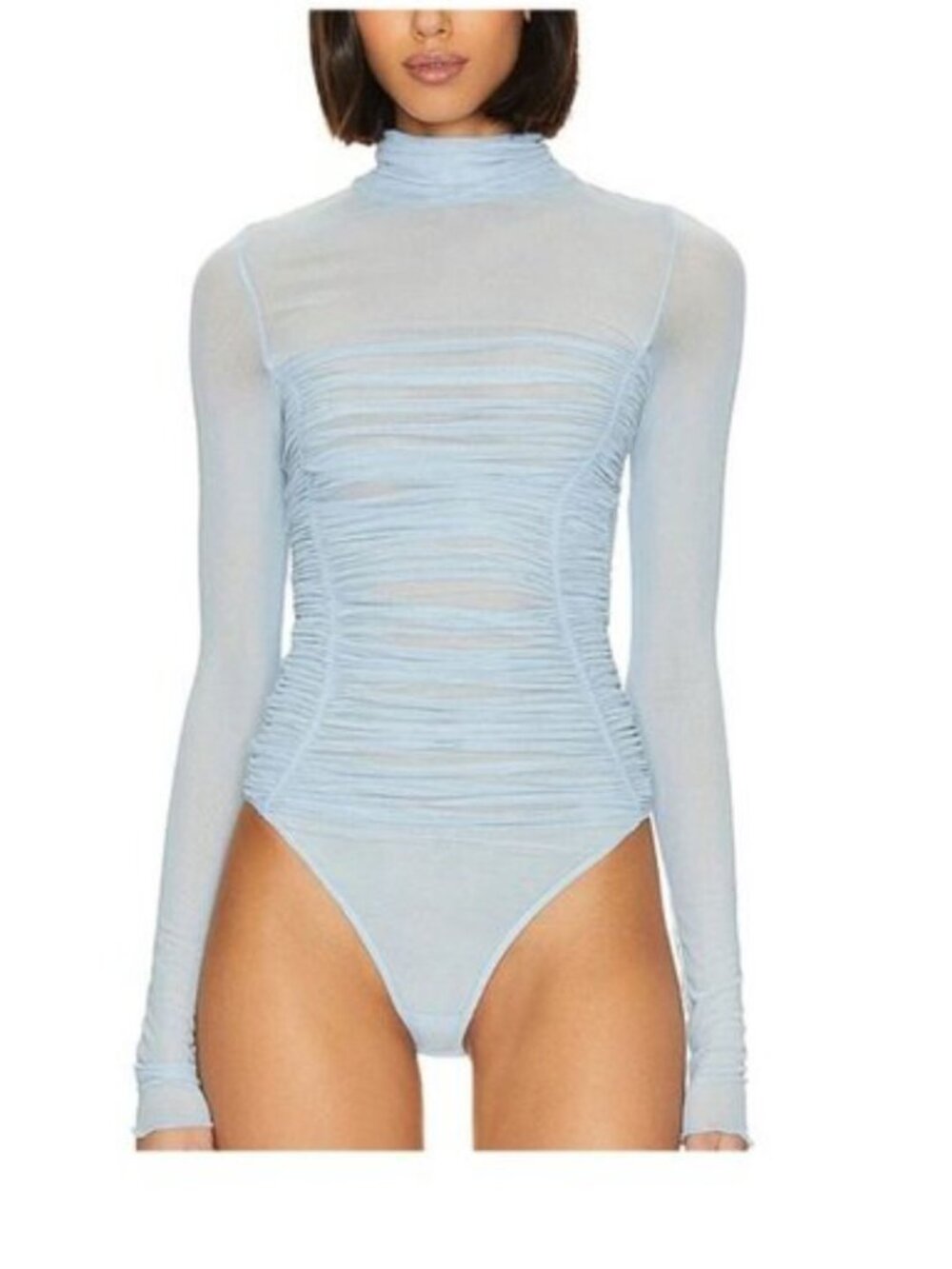 Free People Intimately Under It All Ruched Mesh Turtleneck Bodysuit Light Blue L